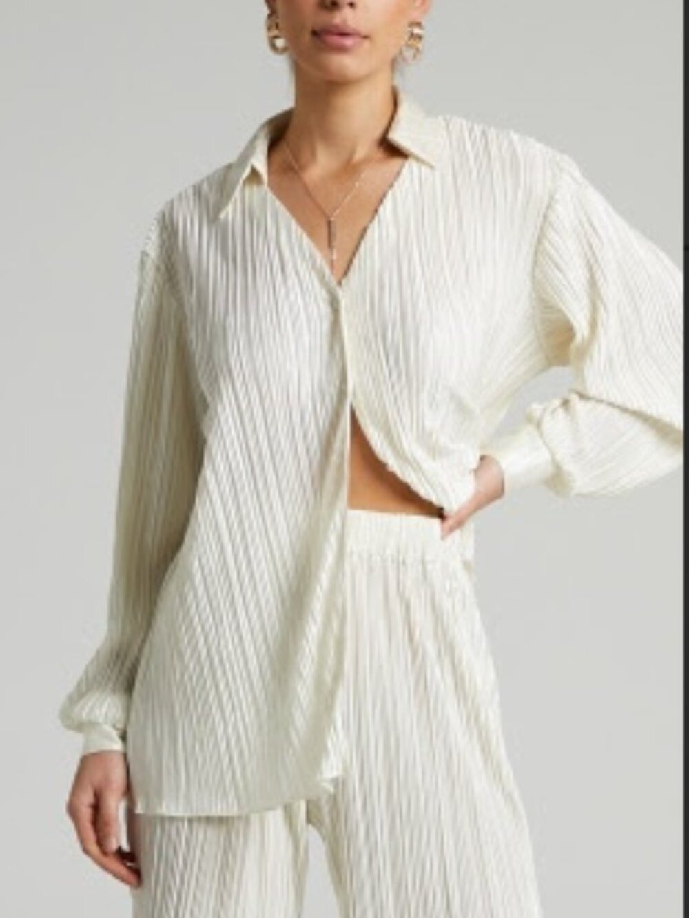 Showpo Oversized Beca Plisse Button Up Shirt & Pants in Cream - maching set